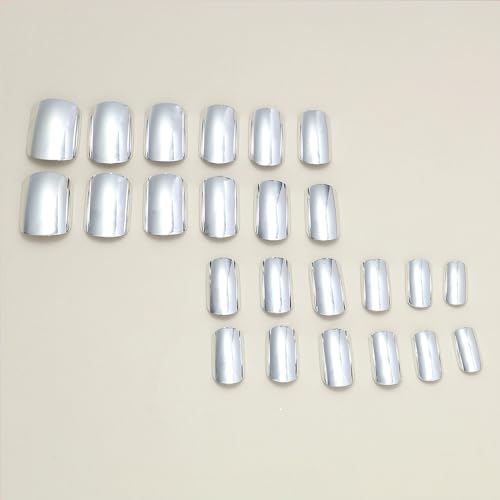 BFY Short Square Silver Chrome Press On Nails - 24 Pcs Glossy Mirror Metal Acrylic False Nails Set with Tools