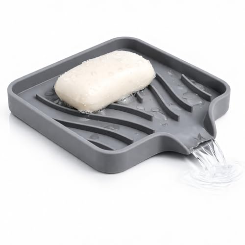 1 Pack Self Draining Silicone Soap Dish with Drain Spout for Bathroom & Kitchen