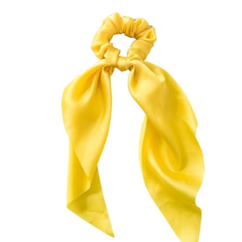 Yellow Satin Hair Scrunchie with Bow Ribbon Ponytail Holder
