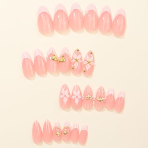 24Pcs Medium Almond Press on Nails with 3D Floral French Tip Design