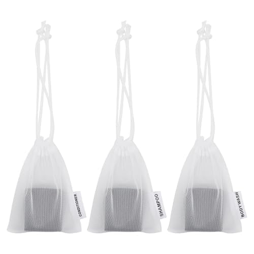 Wome 3-Pack Mesh Soap Saver Bags for Shampoo, Conditioner & Body Wash - White