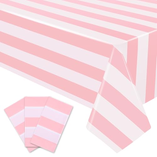 3 Packs Pink Stripe Plastic Tablecloths 54x108 Inch - Vertical