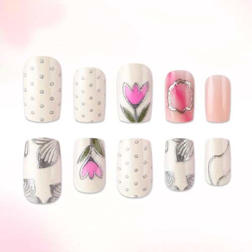 Short Square Floral Press on Nails with Silver Polka Dots (24 Pcs)