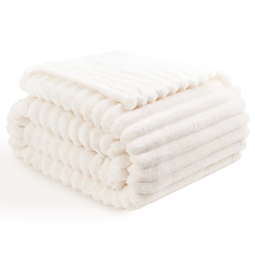 Vessia Cream Striped Flannel Fleece Throw Blanket 50x70 inch