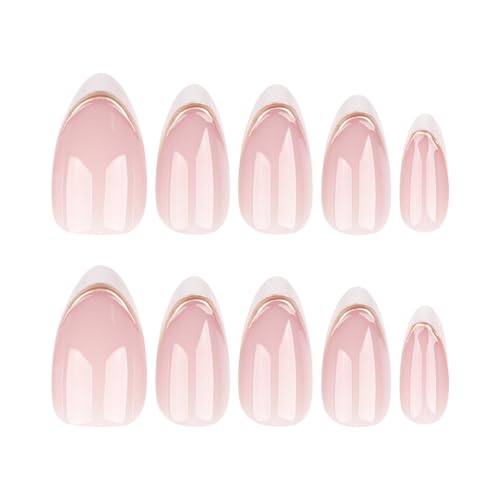 White French Tip Press on Nails Short Almond with Gold Line Design
