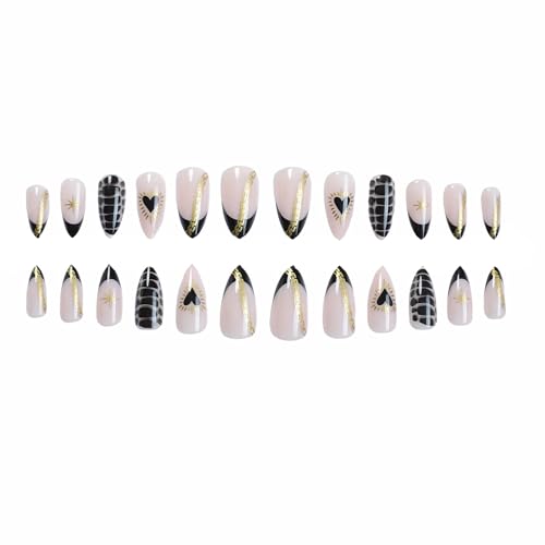 MERVF Almond Press on Nails Medium Black French Tip Gothic Fake Nails