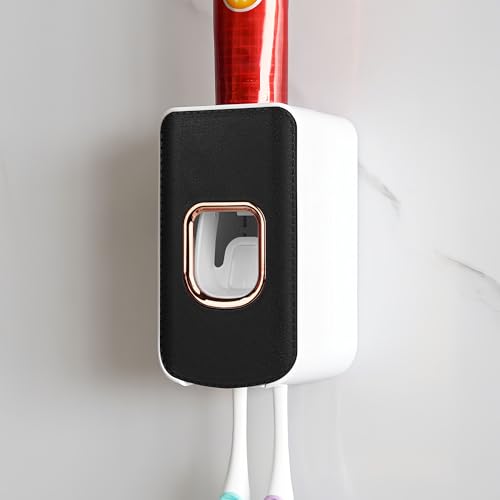 LUEXBOX Black 2 Slot Wall Mounted Toothbrush Holder & Toothpaste Dispenser - Type B