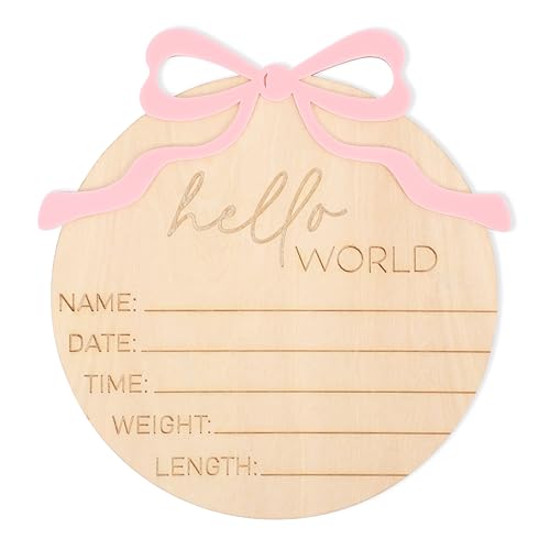 Hello World Wooden Baby Announcement Sign with Bow - Newborn Photo Prop
