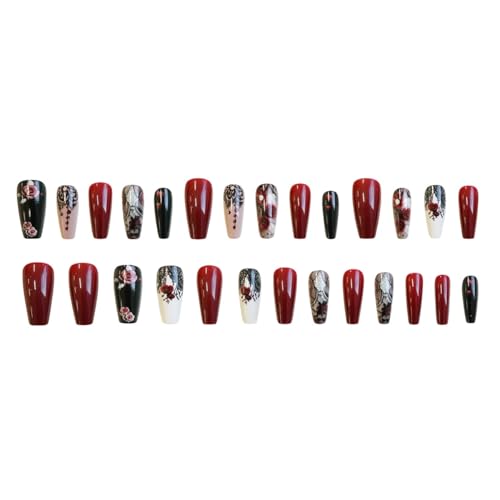Valentine Press On Nails Medium Square Red Rose Heart Black Lace Acrylic