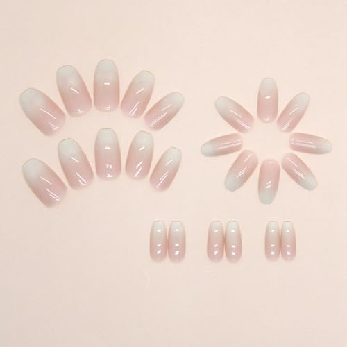 ANDGING Ombre White & Pink Coffin Press on Nails - 24Pcs Short False Acrylic Nails