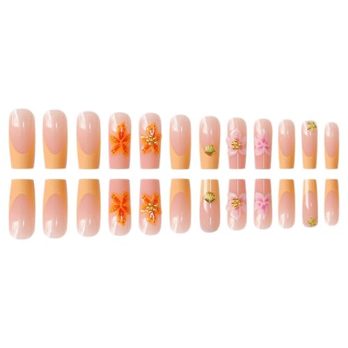 Long Square Press On Nails Yellow French Acrylic False Nails with Shell Design & Rhinestones