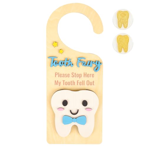 Tooth Fairy Door Hanger Kit for Kids - Wooden Sign & Coins Set
