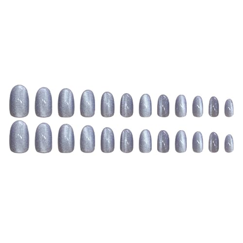 SWEKKE Blue Press On Nails Short Almond Glossy Glitter False Nails 24 Pcs