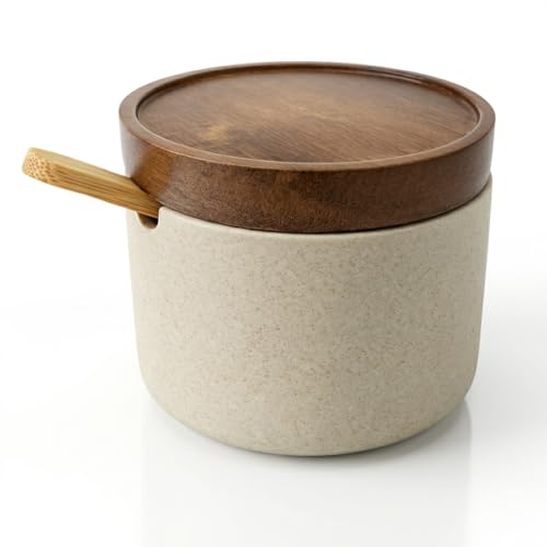 Handmade Ceramic Salt Cellar with Acacia Wood Lid & Spoon - 3.5"
