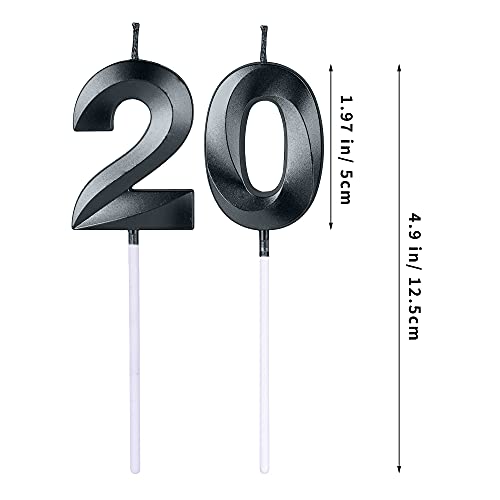 Black Number 20 Birthday Cake Candles - 2 Glitter Candle Set