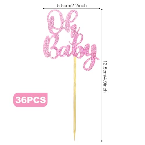 36 Pink Glitter Baby Shower Cupcake Toppers - Pre-Assembled Picks for Parties