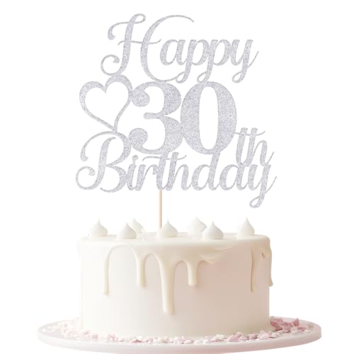 Silver Glitter Happy 30th Birthday Cake Topper Cheers to 30 Years Old Decoration