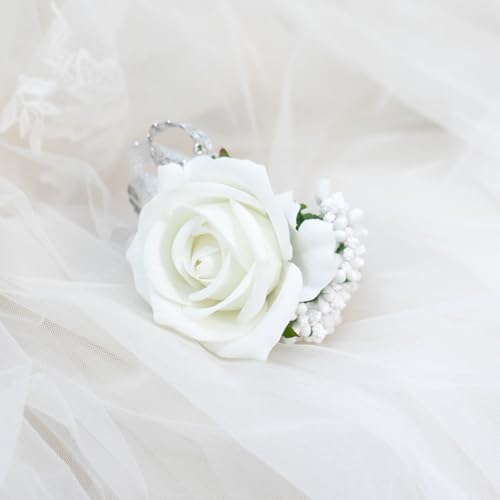 Artificial White Rose Corsage and Boutonniere Set for Wedding Prom