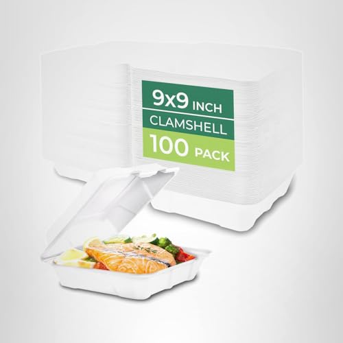 Freshware Clamshell Take Out Food Containers with Lids [9x9 200-Pack] Disposable To Go Containers, Biodegradable Sugarcane To Go Boxes - Paper Food Container - Microwave & Freezer Safe, Stackable