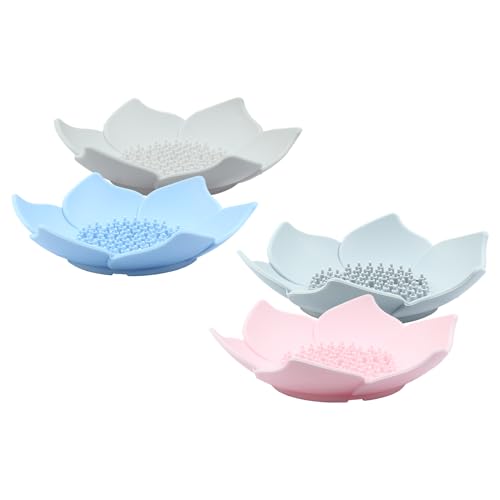 Coufce 4-Pack Silicone Soap Dish, Lotus Petal Self-Draining Soap Saver