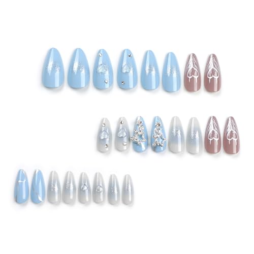 Blue Almond Press On Nails Medium French Rhinestone Heart Fake Nails