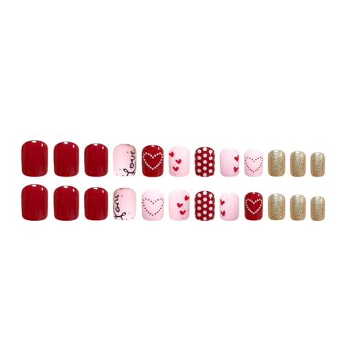 Valentine Heart Press On Nails Short Square Acrylic False Nails