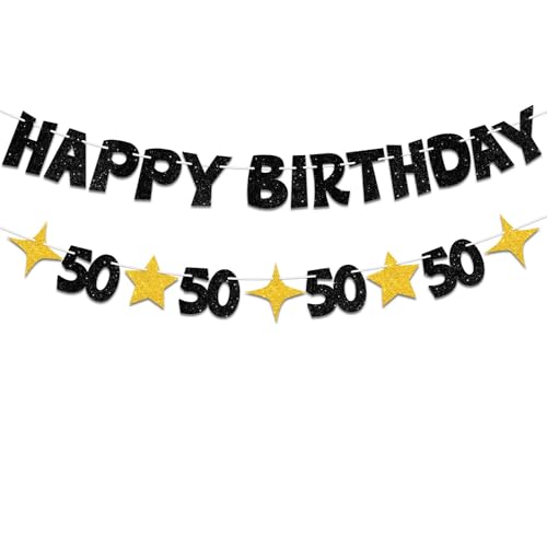Happy 50th Birthday Banner, Black and Gold Pre-Strung Party Decoration
