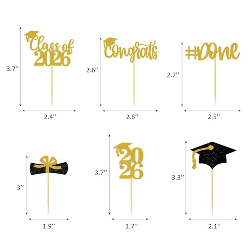 Gold Glitter Graduation Cupcake Toppers - 24 Pcs Class of 2026