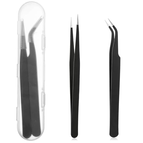 Skrfren 2-Piece Stainless Steel Precision Tweezers Set - Straight and Curved Tips for Eyelash Extensions, Crafts, Electronics, and Nail Art