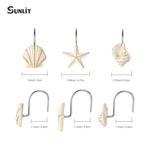 Ocean Theme Shower Curtain Hooks - Pearlescent Seashells & Starfish (12 Pack) by Sunlit