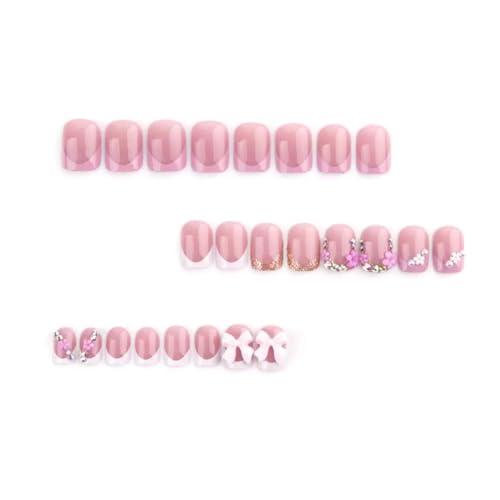 Short Square Press on Nails with 3D Bow Flower Charms Glossy False Nails