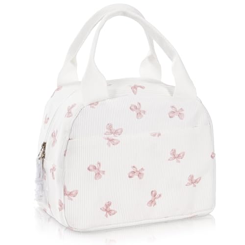 UUYUUY Insulated Lunch Bag, Corduroy Bow Tote for Work and Picnic, M