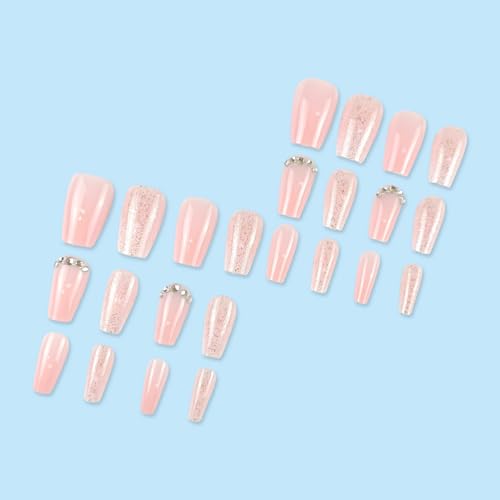 Nude Pink Press on Nails Long Coffin Glitter Glossy Rhinestone 24Pcs