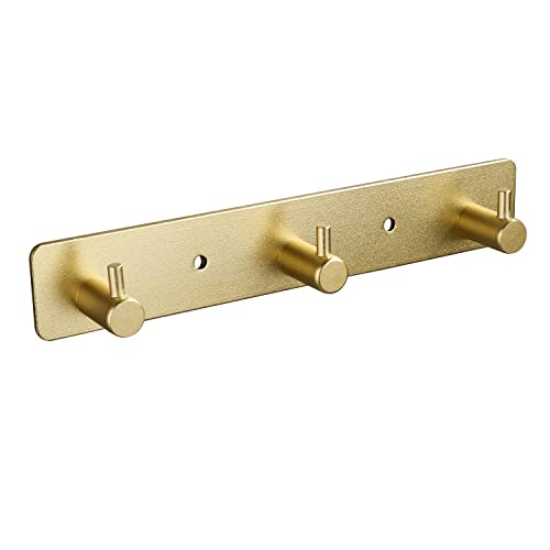 Gold Wall Hooks - 3 Brushed Gold Adhesive Key Hook Rack