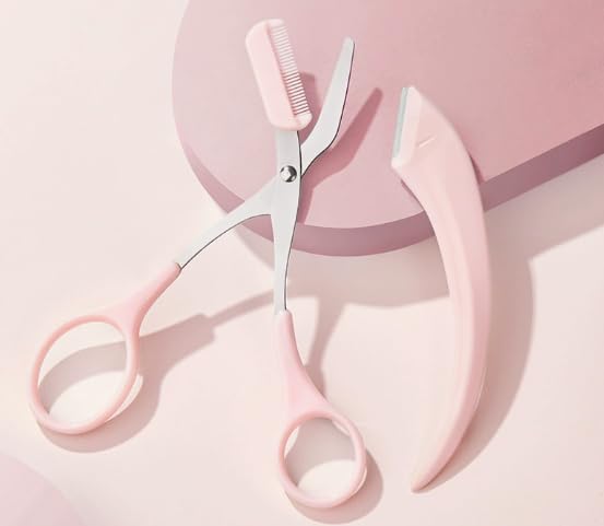 Eyebrow Trimmer Scissors with Comb Stainless Steel Pink