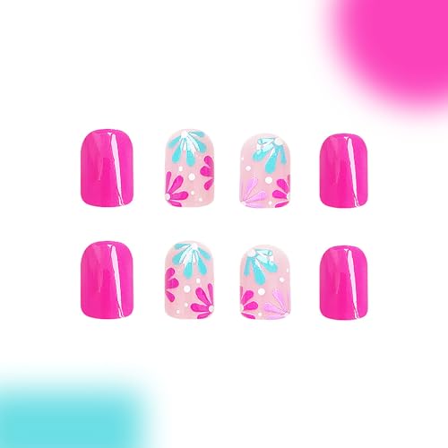 Pink Square Press on Nails with Cute Floral Design, 24Pcs Short Reusable