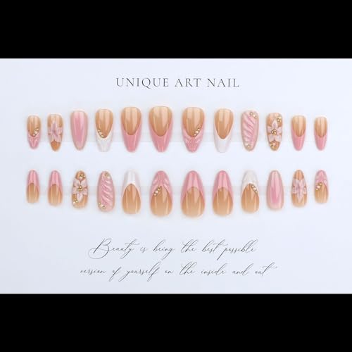 Lukmexor French Tip Press On Nails Medium Almond Fake Nails with Gold Pearl and Flower Designs
