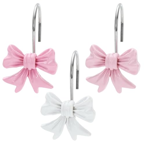 FYSUIMU 12Pcs Decorative Shower Curtain Hooks - Pink & White Bow