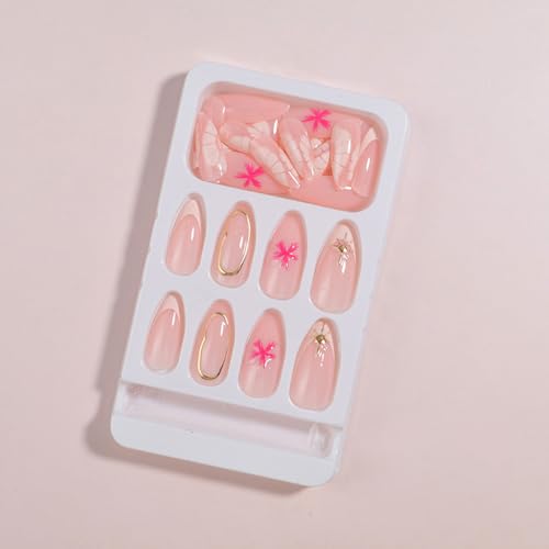 Nude Pink Press on Nails Medium Almond 3D Flowers & Gold Rhinestones