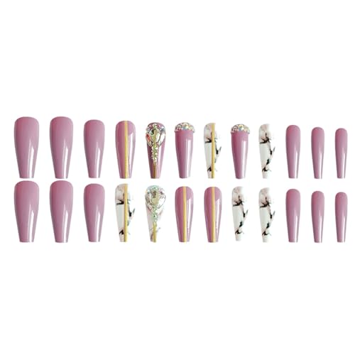 Pink Press on Nails with Rhinestones Long Coffin Fake Nails