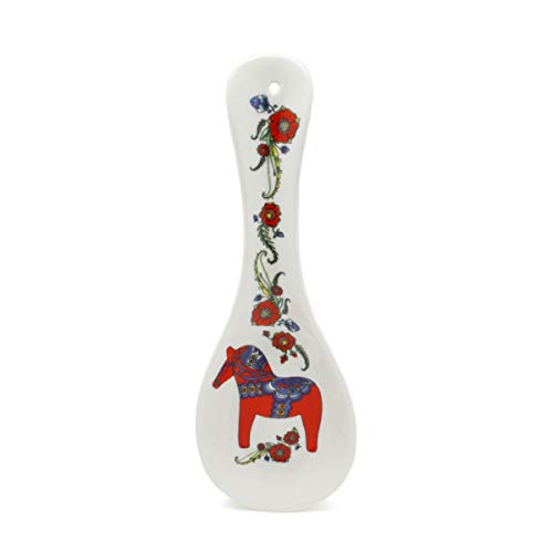 Red Ceramic Spoon Rest - Scandinavian Dala Horse Design, 10 Inch Kitchen Utensil Holder