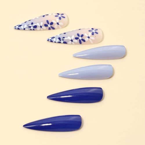 Blue Gradient Stiletto Press on Nails with Floral Designs, 24 Pcs