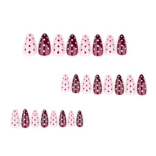 Pink Polka Dot Press on Nails Medium Almond Gel False Nails 24Pcs