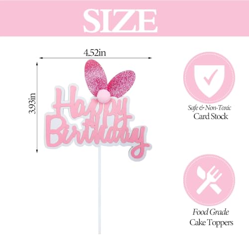 Happy Birthday Cake Topper with Bunny Ears - Pink Glitter Decoration