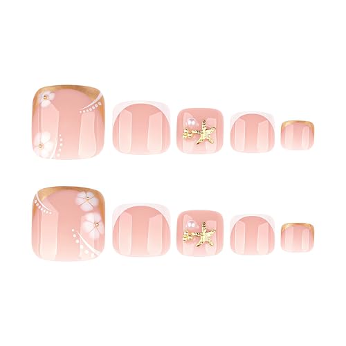 White Flower Press on Toenails Glossy Short Square False Toenails