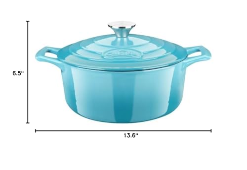La Cuisine Enameled Cast Iron Dutch Oven Casserole Dish Pot with Lid, 5 QT 10.2" /26cm Dia. Internal Matt Black Enamel Coating for bread baking,Teal Enamel Finish Exterior, Oven Safe up to 500° F