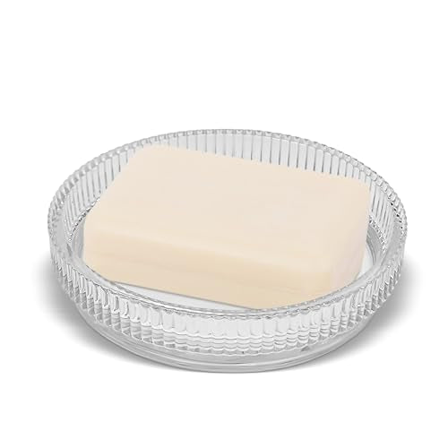 UHEY HOME Clear Glass Soap Dish - Modern Round Bar Soap Holder for Sink
