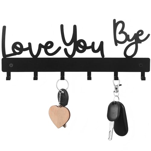 Love You Bye Key Holder Wall Mount - 10 x 4 Inch Black Metal Hook Rack