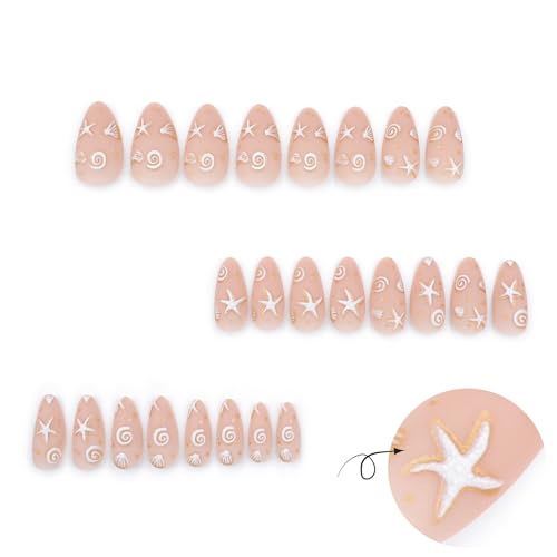 3D Nude Beach Press On Nails Almond Medium Fake Nails White Seashell