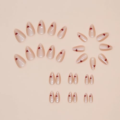 OHWODA Short Almond Press on Nails Red Heart Valentine Fake Nails